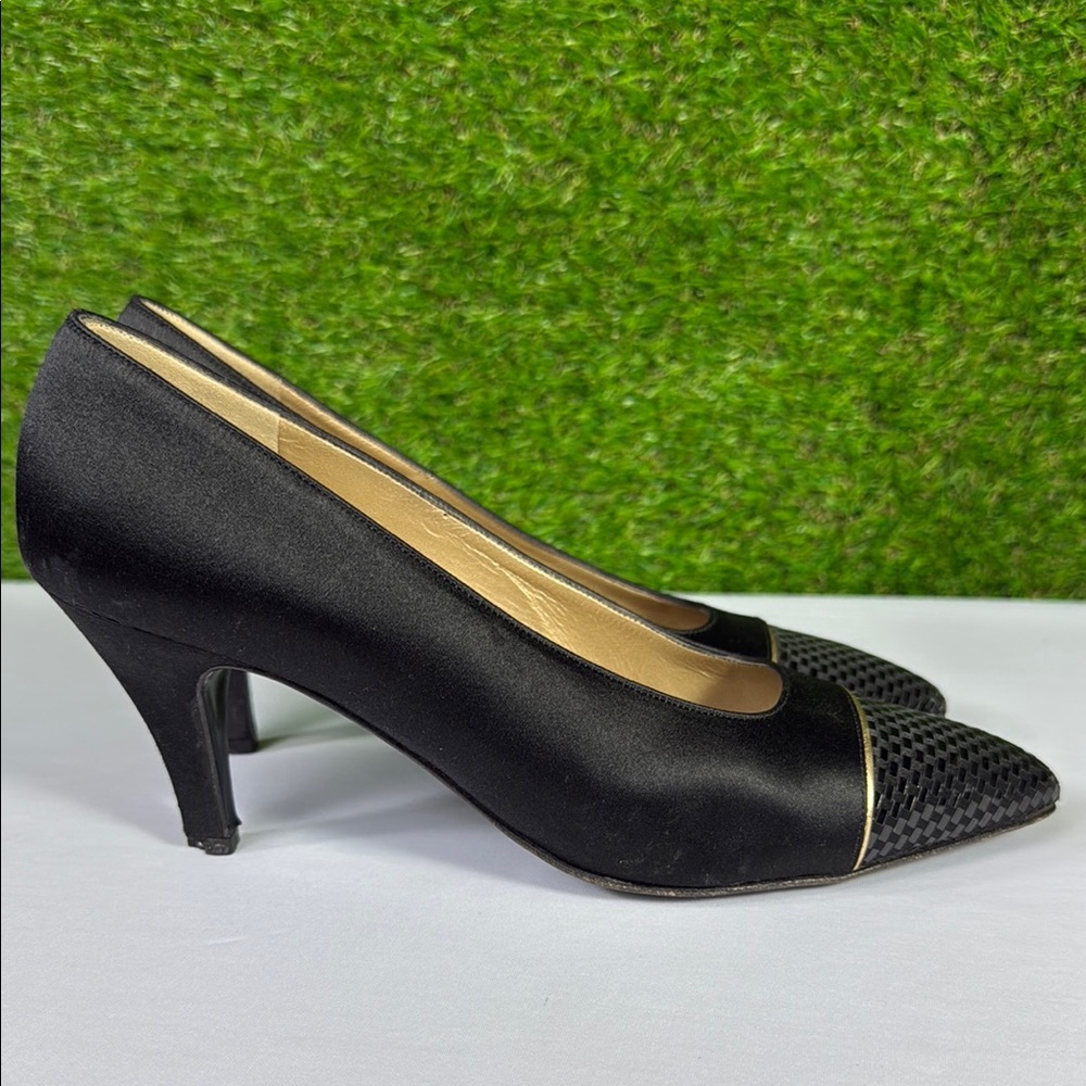 Vintage St John Black Satin Heels Emily Faille Paillette Italy 1998 - Picture 4 of 16